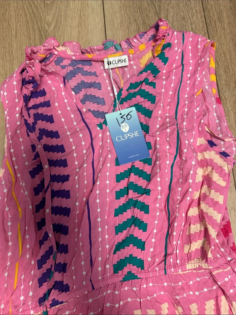 Cupshe NWT M Pink BOHO V-Neck ELASTIC WAIST Swim Cover-Up MINI Dress